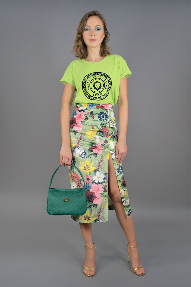 Pencil Skirt with Slit "COSMIC BLOOM" - lime