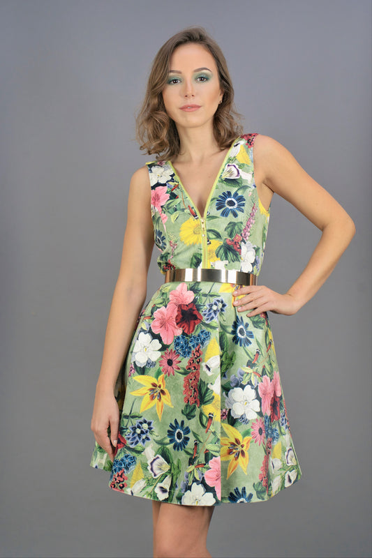 Flared Strap Dress "COSMIC BLOOM" - lime