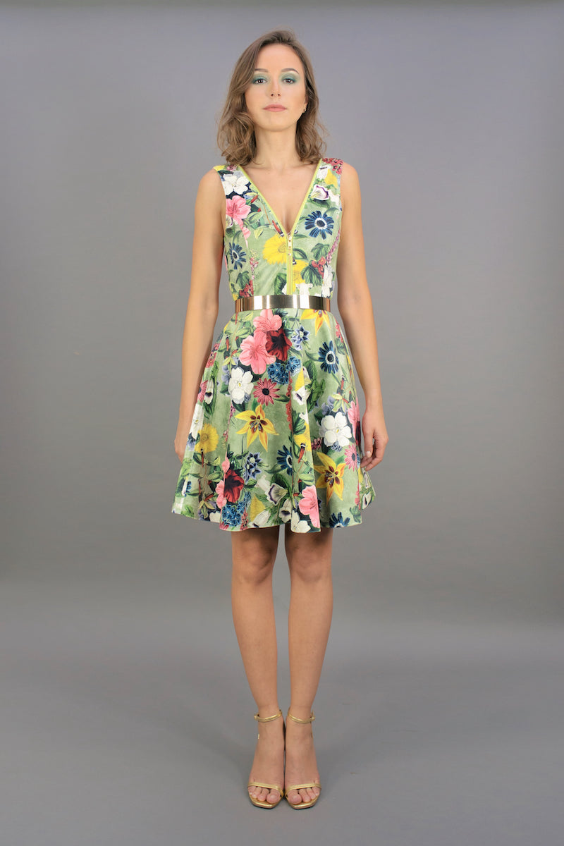 Flared Strap Dress "COSMIC BLOOM" - lime