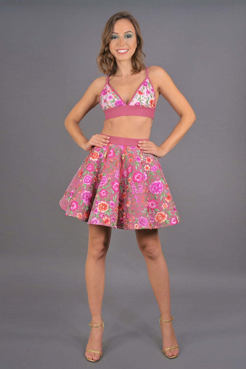 Double Circle Skirt with Zippers "COSMIC BLOOM" - raspberry
