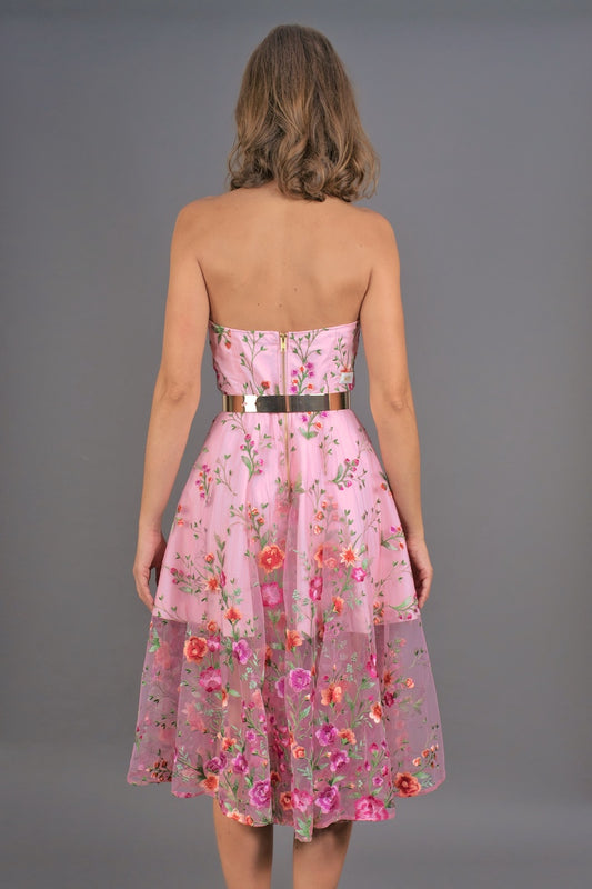 Strapless A-Line Dress "COSMIC BLOOM" - raspberry