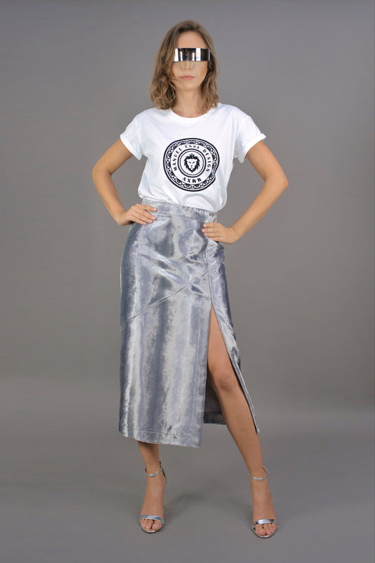 Pencil Skirt with Slit "COSMIC BLOOM" - silver