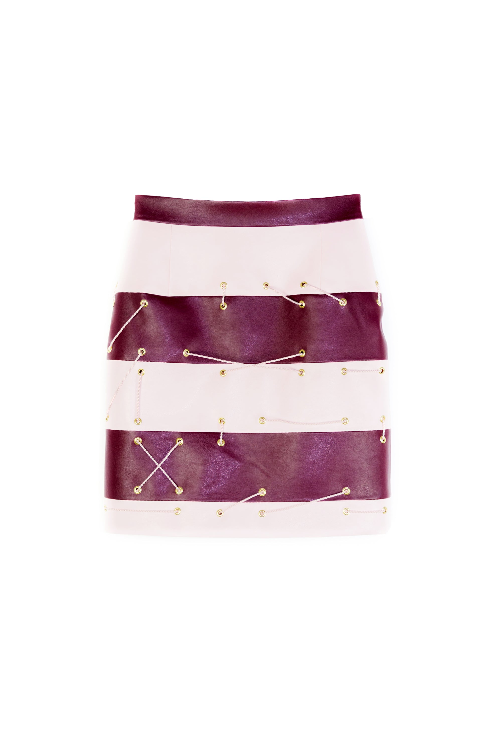 Tight Panel Skirt in Imitation Leather with Lacing – Bordeaux & Pearl Pink - Manuel Essl Design