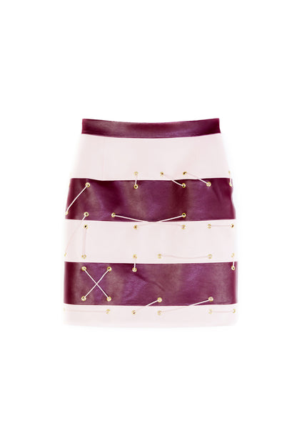 Tight Panel Skirt in Imitation Leather with Lacing – Bordeaux & Pearl Pink - Manuel Essl Design