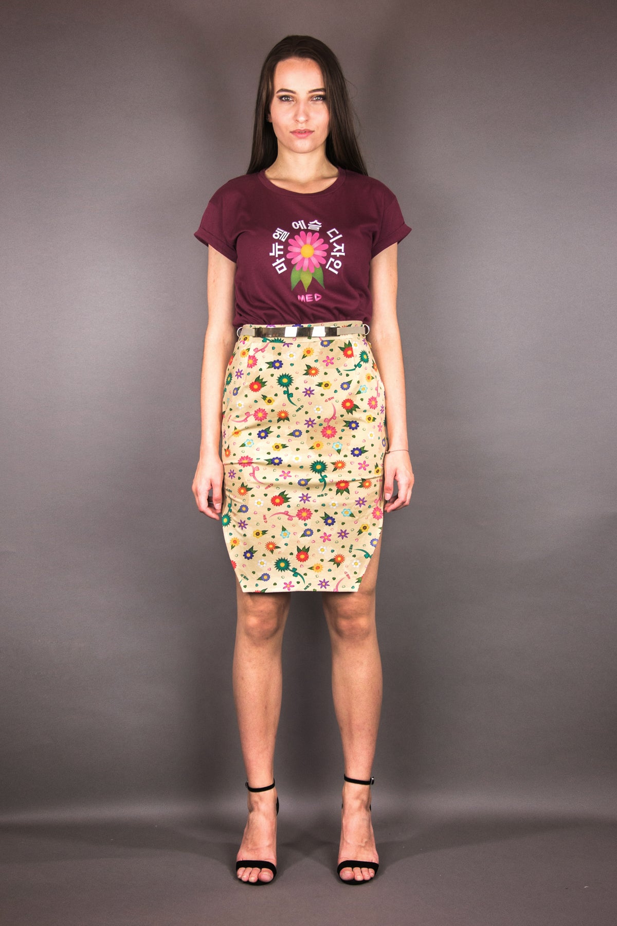 Pencil Jersey Skirt with Vents "FLOWERS" - Manuel Essl Design