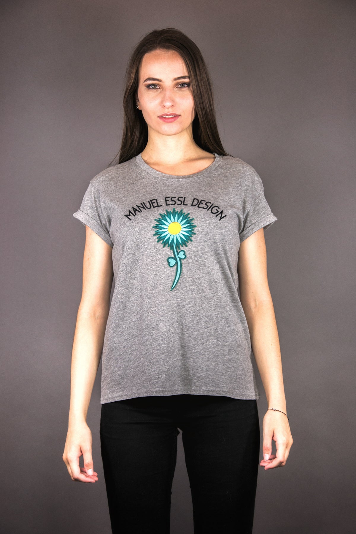 T-Shirt „FLOWERS TEAM“ – grey/petrol - Manuel Essl Design