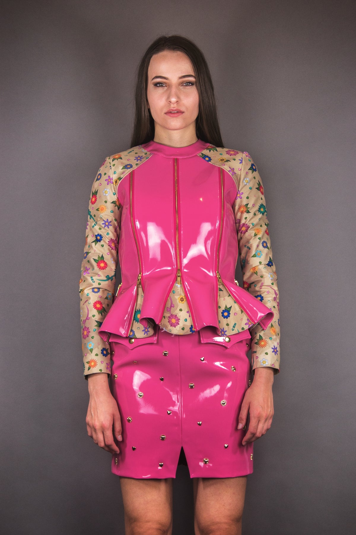 Biker Jacket with Godets „FLOWERS“ – pink - Manuel Essl Design