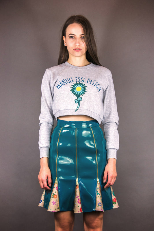 Pencil Skirt with Zippers & Godets "FLOWERS" - petrol - Manuel Essl Design