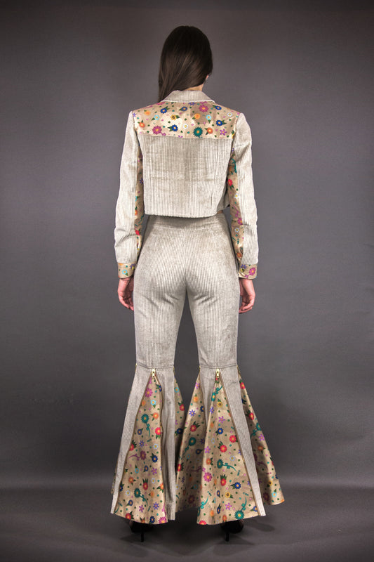 Cord Trousers with Zippers & Godets "FLOWERS" - beige - Manuel Essl Design