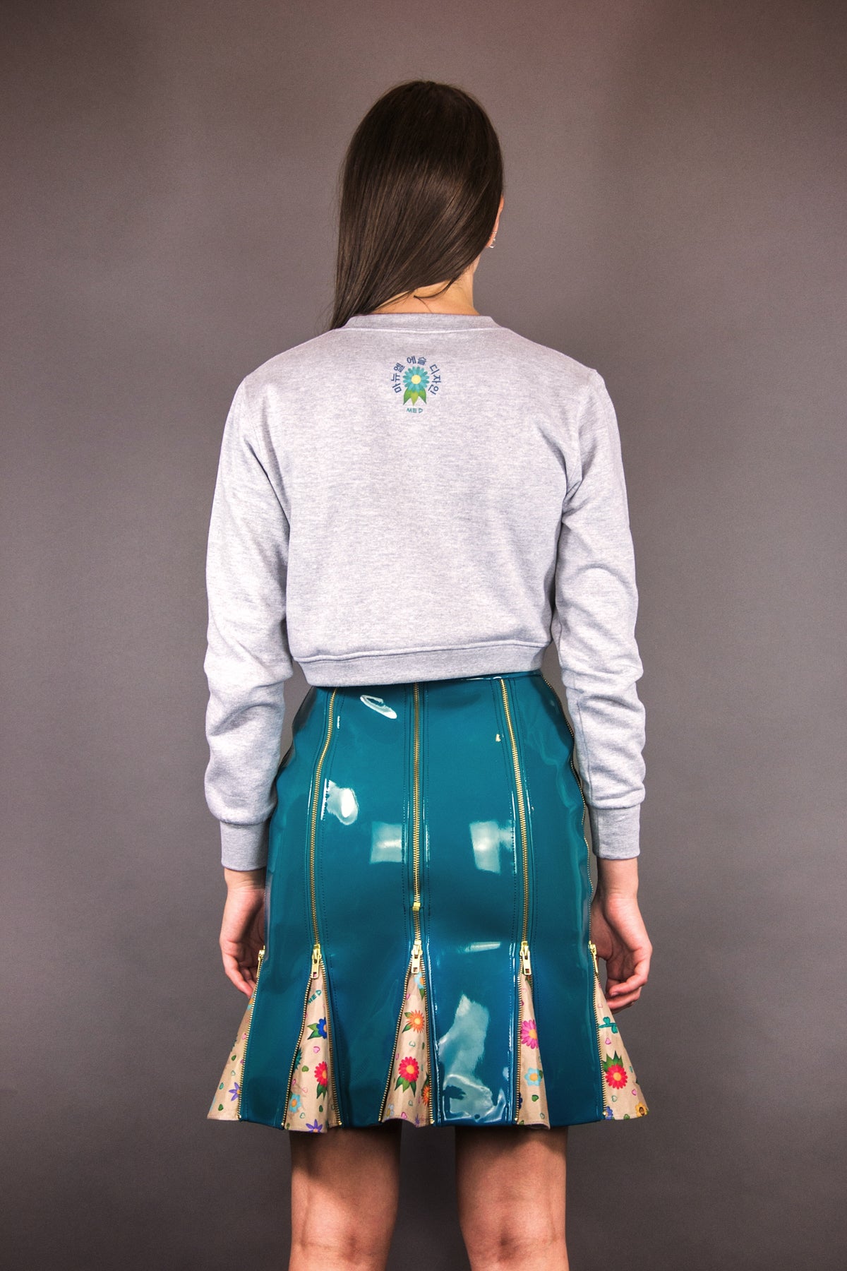 Pencil Skirt with Zippers & Godets "FLOWERS" - petrol - Manuel Essl Design