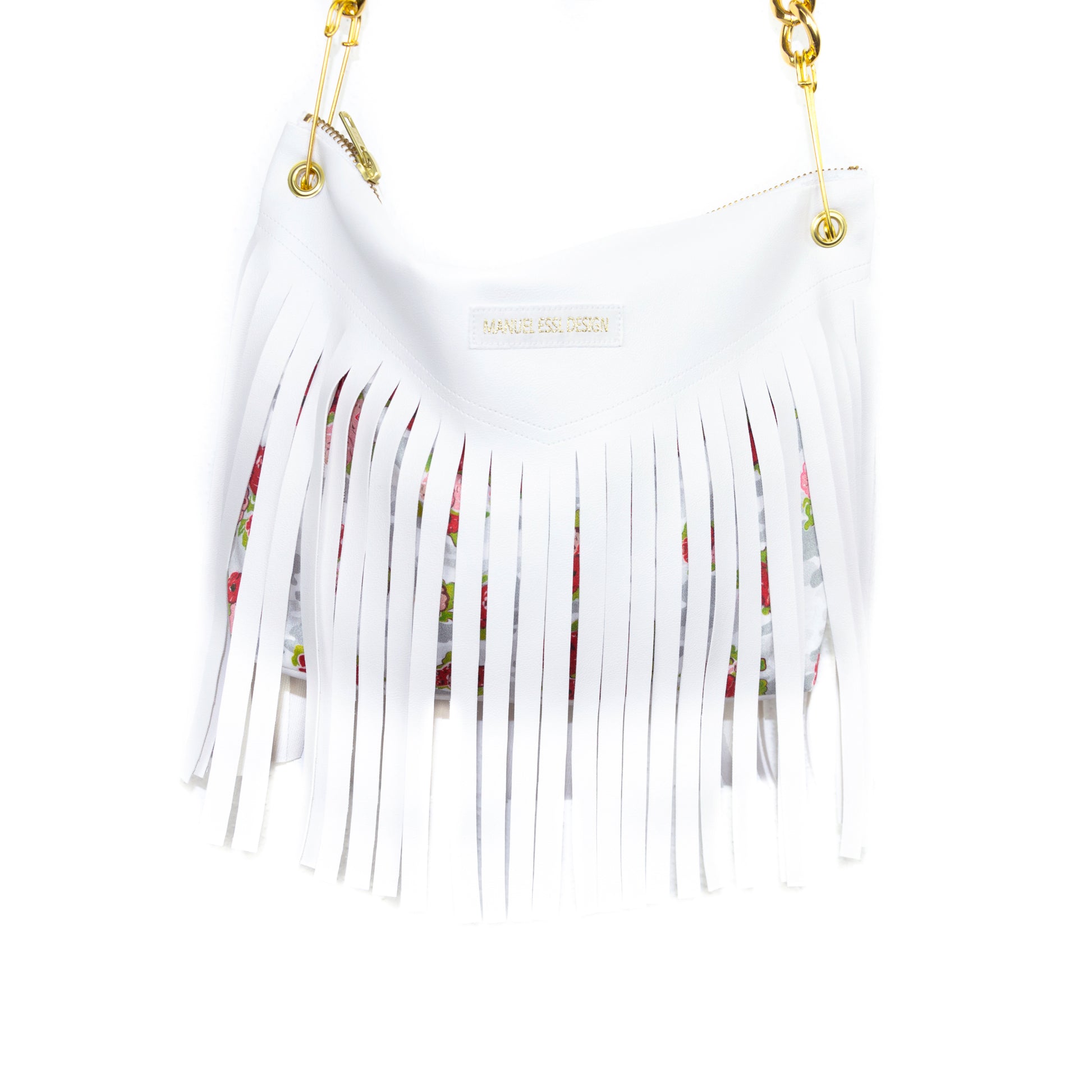Bag in Imitation Leather with Fringing & Shoulder Chain - White - Manuel Essl Design