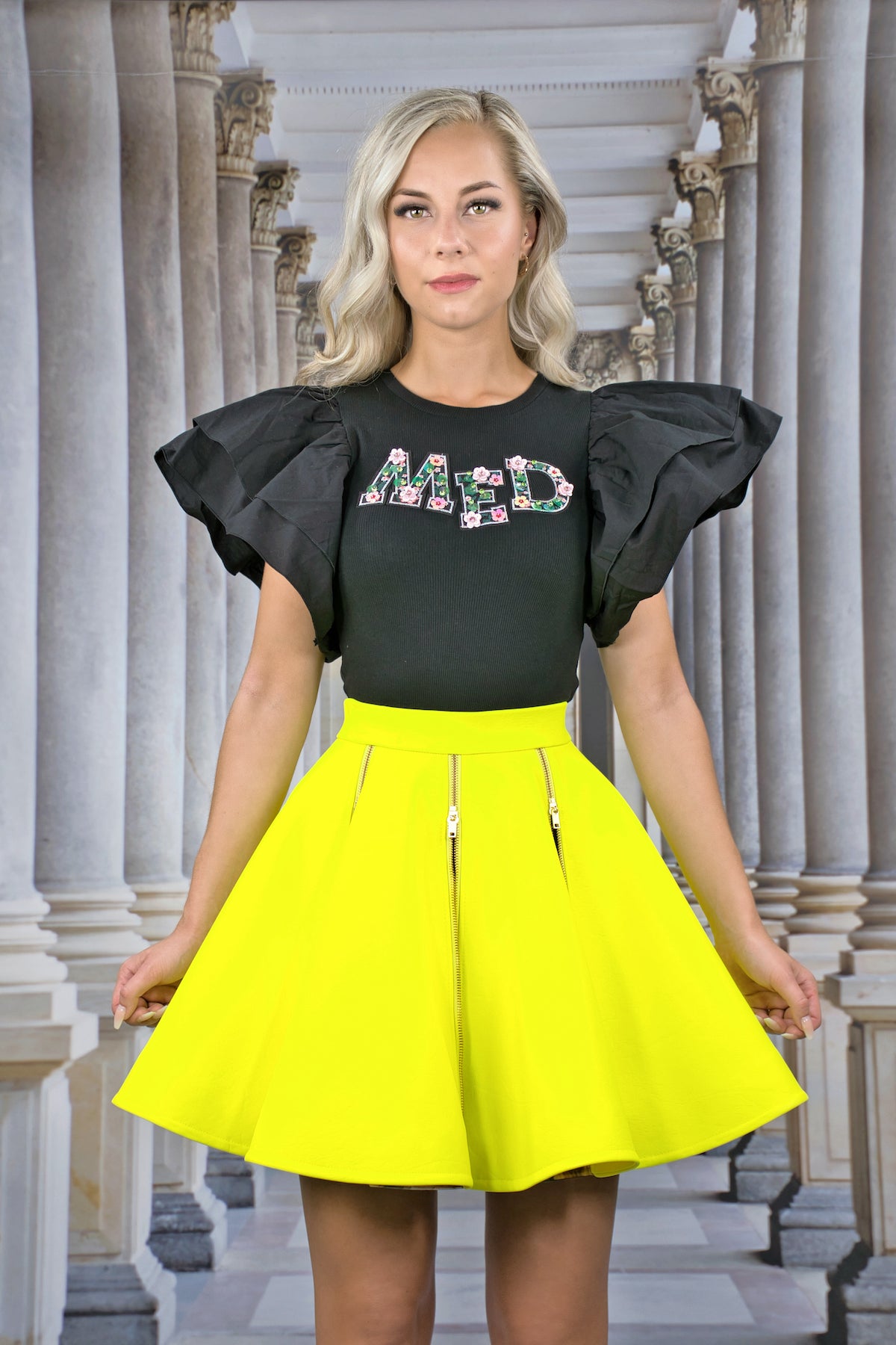 Double Circle Skirt with Zippers "FLORAL" - neon - Manuel Essl Design