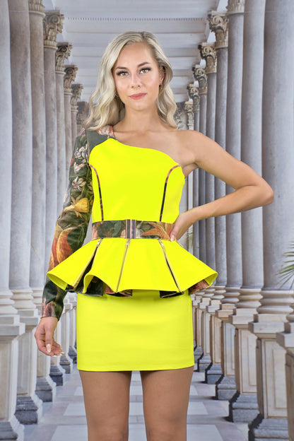 Asymmetric Dress with Peplum Skirt "FLORAL" - neon - Manuel Essl Design