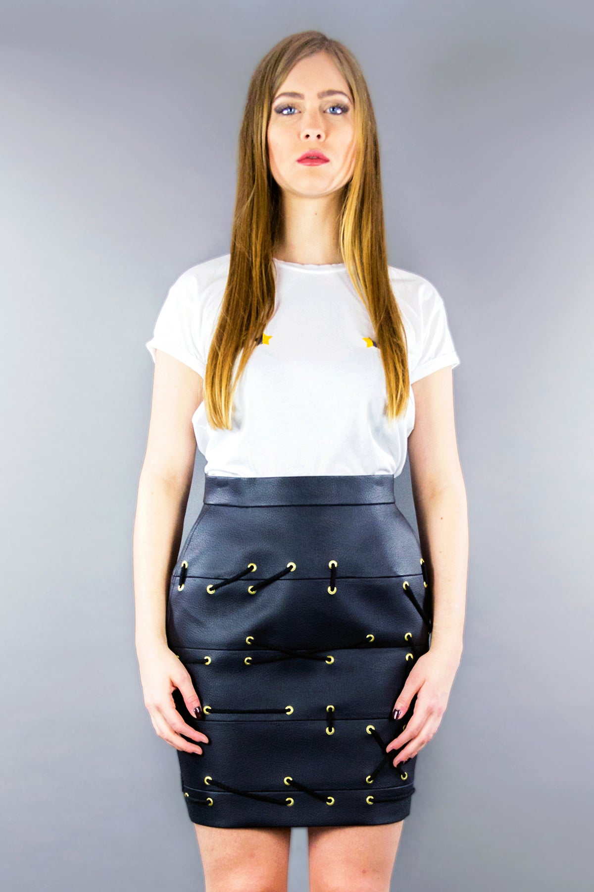 Tight Panel Skirt in Imitation Leather with Lacing - Black - Manuel Essl Design