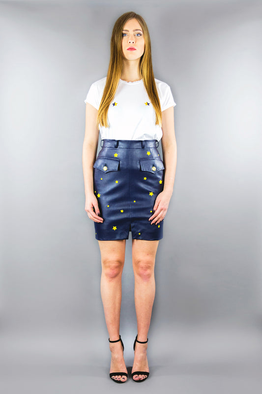 Military Skirt in Imitation Leather "STARS" - Night Blue - Manuel Essl Design