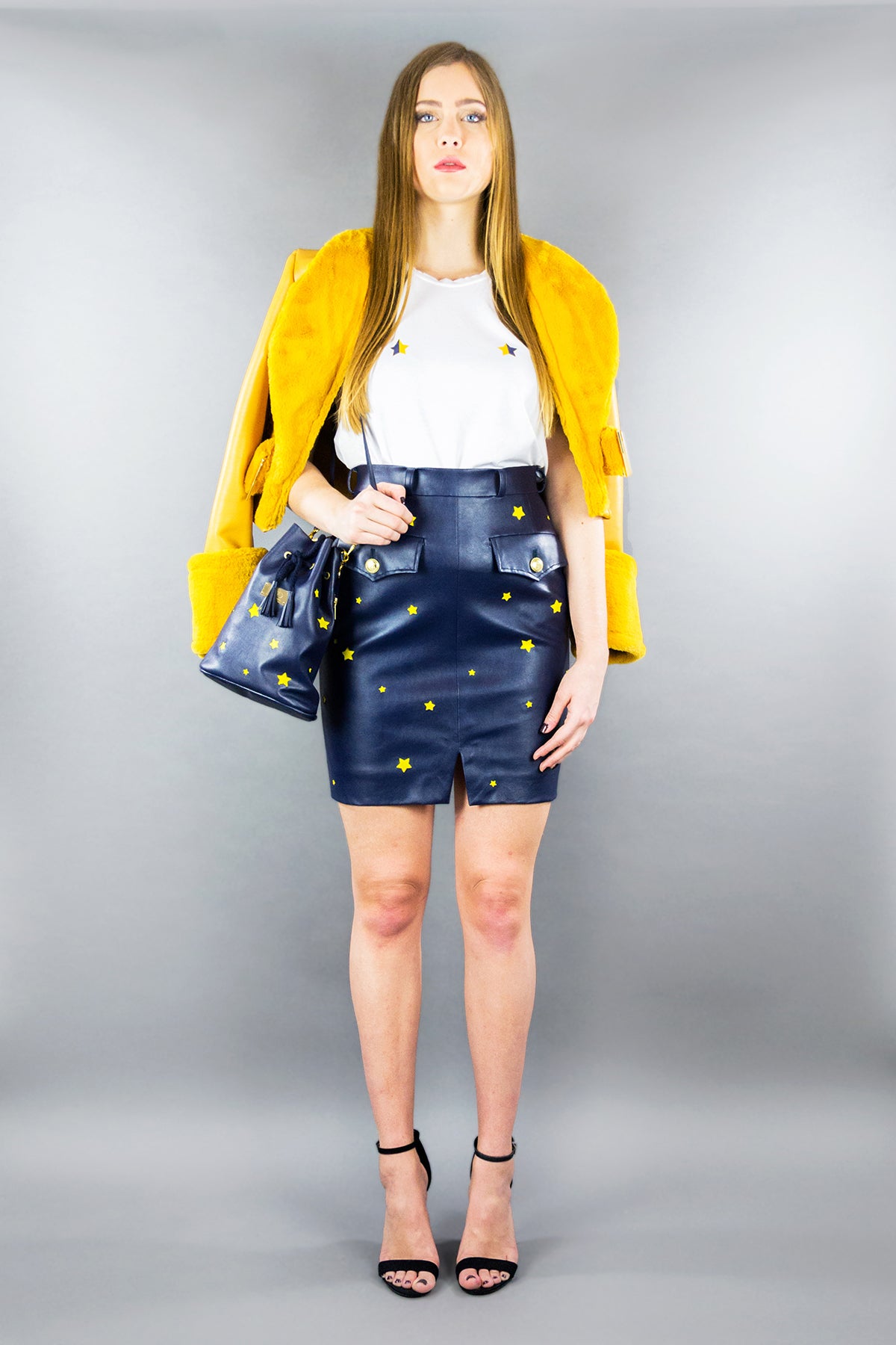 Military Skirt in Imitation Leather "STARS" - Night Blue - Manuel Essl Design